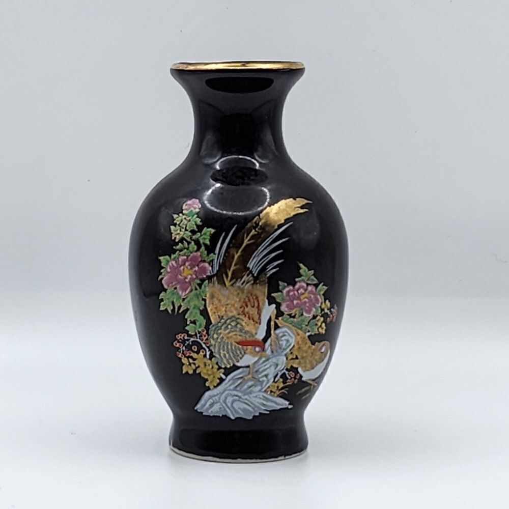 Cobalt Blue Ceramic Decorative Vase Pheasant Flowers Gold Trim Japan